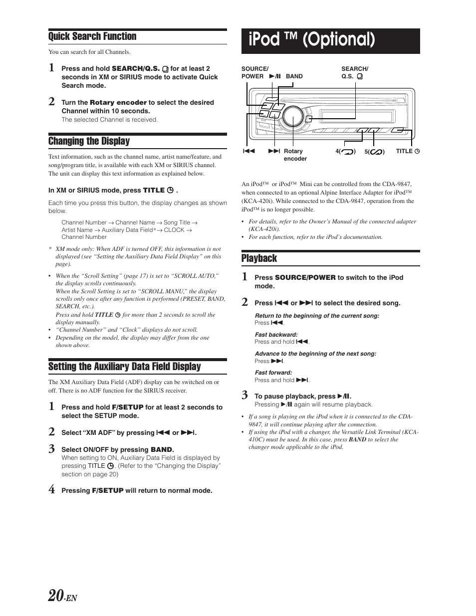 Ipod operation (kca-420i required), Ipod ™ (optional), Quick search function | Changing the display, Setting the auxiliary data field display, Playback | Alpine CDA-9847 User Manual | Page 21 / 34