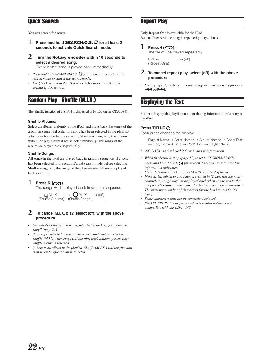 Repeat play, Displaying the text, Quick search | Random play shuffle (m.i.x.) | Alpine CDA-9847 User Manual | Page 23 / 34