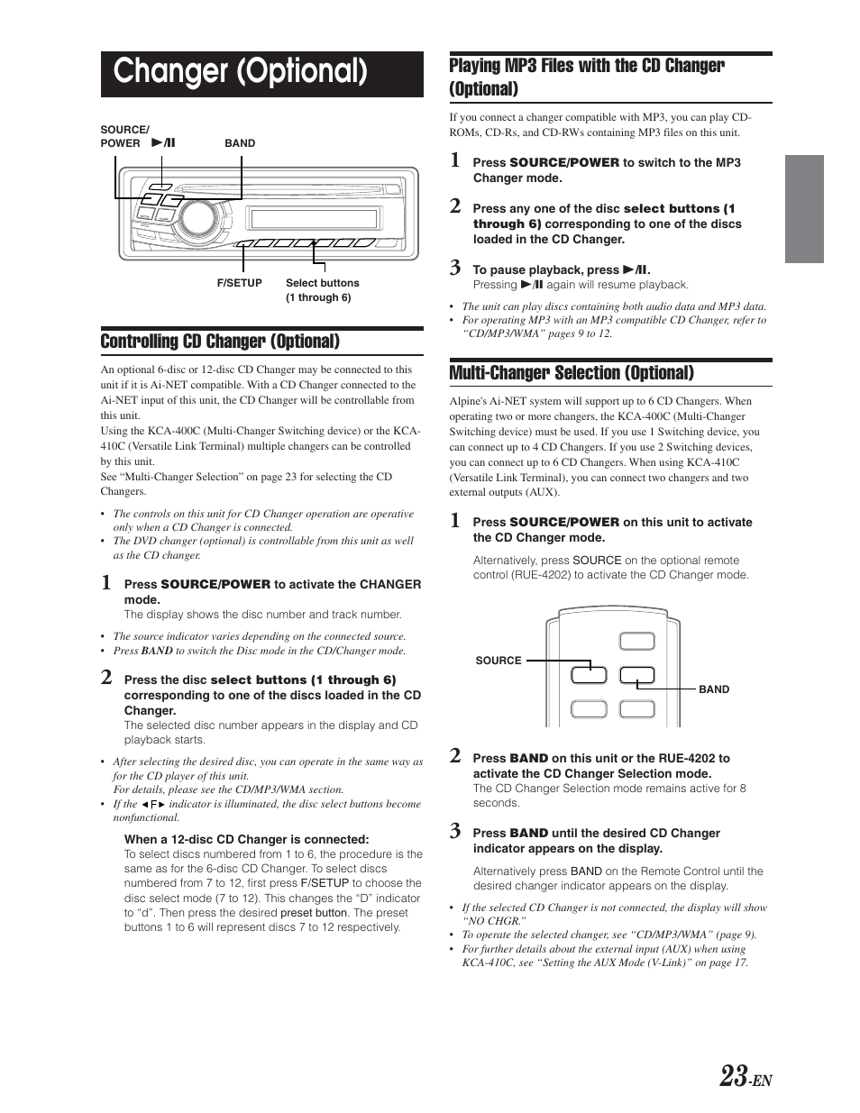 Changer operation, Changer (optional), Controlling cd changer (optional) | Playing mp3 files with the cd changer (optional), Multi-changer selection (optional) | Alpine CDA-9847 User Manual | Page 24 / 34