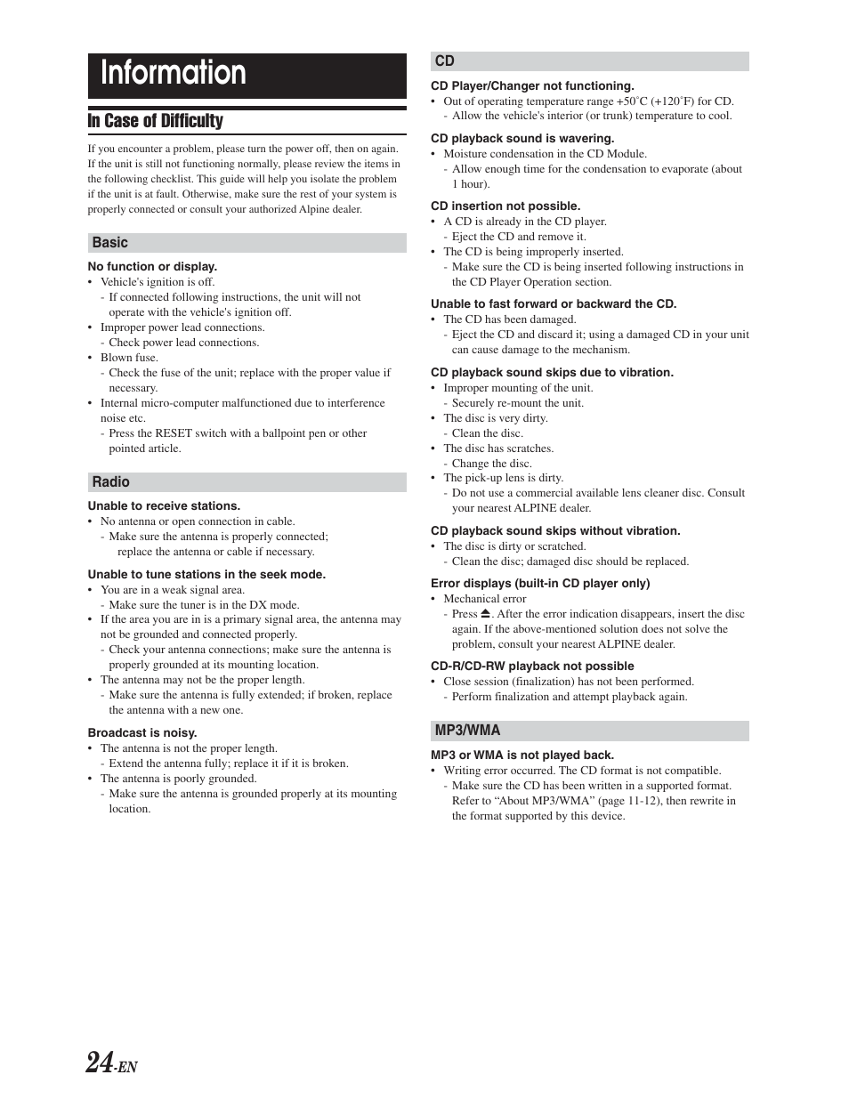 Troubleshooting, Information | Alpine CDA-9847 User Manual | Page 25 / 34