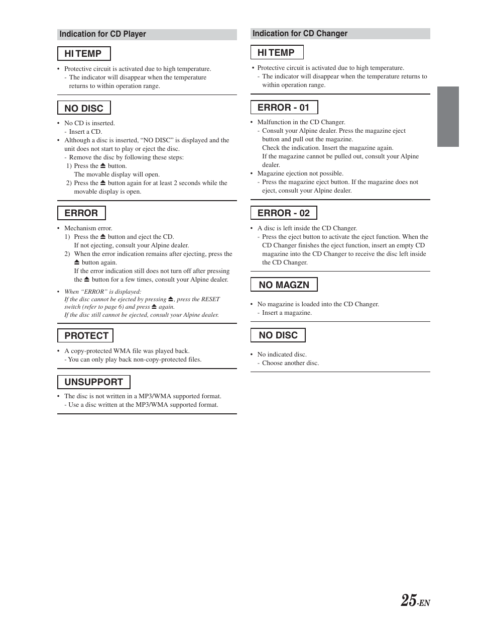 Messages, Hi temp, No disc | Error, Protect, Unsupport, Error - 01, Error - 02, No magzn | Alpine CDA-9847 User Manual | Page 26 / 34
