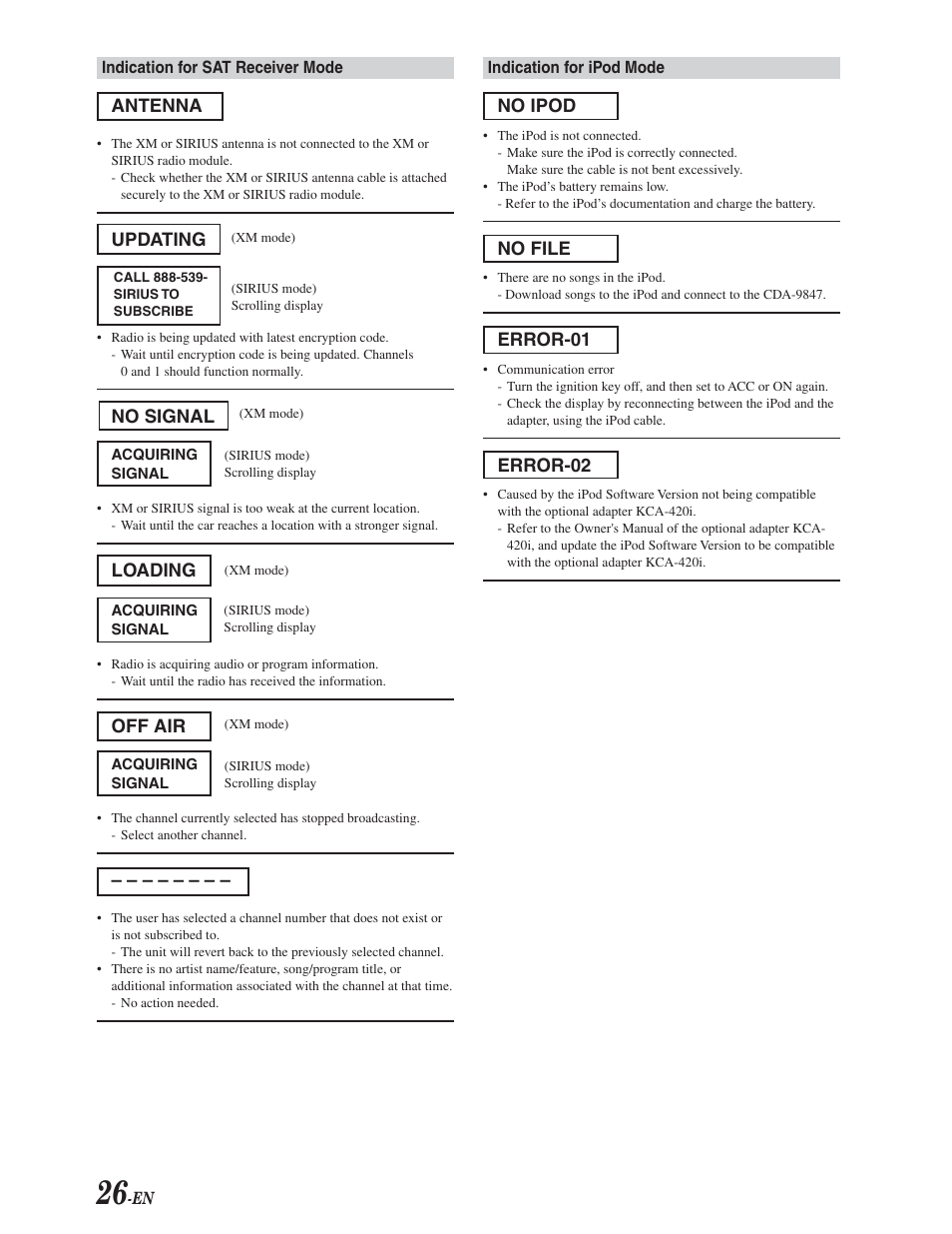 Antenna, Updating, No signal | Loading, Off air, No ipod, No file, Error-01, Error-02 | Alpine CDA-9847 User Manual | Page 27 / 34