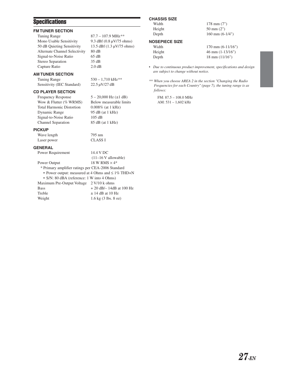 Specs, Specifications | Alpine CDA-9847 User Manual | Page 28 / 34