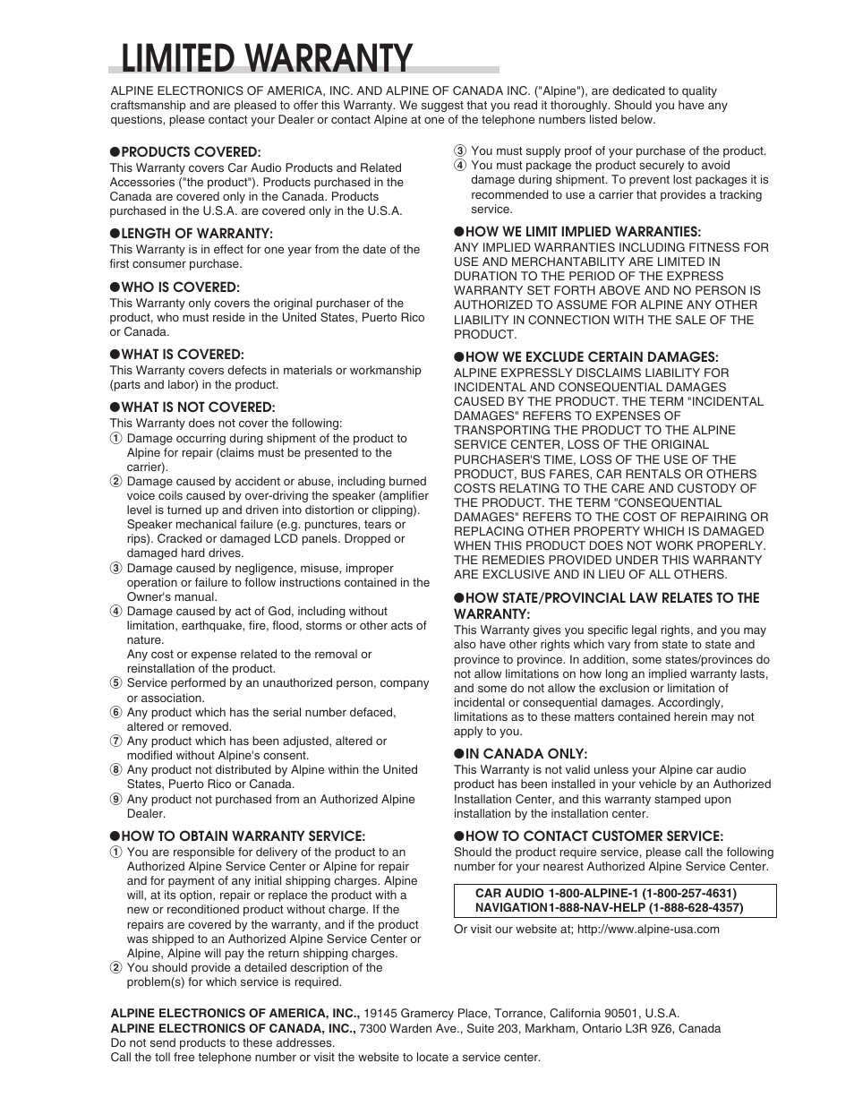 Warranty, Limited warranty | Alpine CDA-9847 User Manual | Page 33 / 34