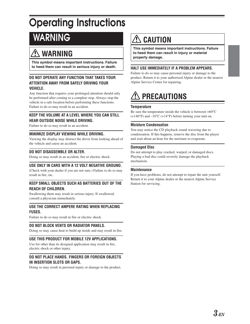 Operating instructions, Warning, Caution | Precautions | Alpine CDA-9847 User Manual | Page 4 / 34