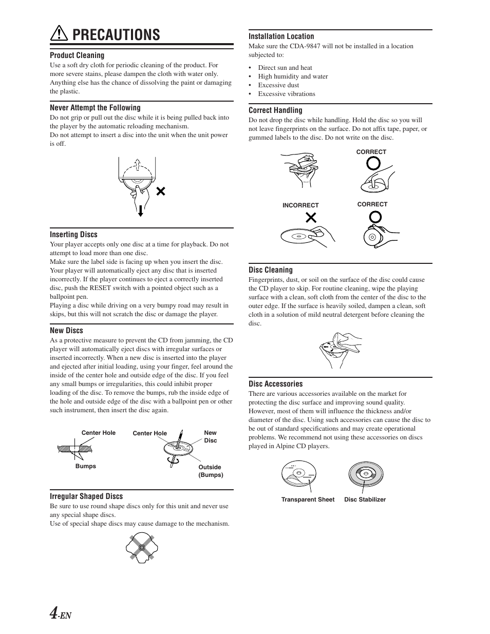 Precautions | Alpine CDA-9847 User Manual | Page 5 / 34