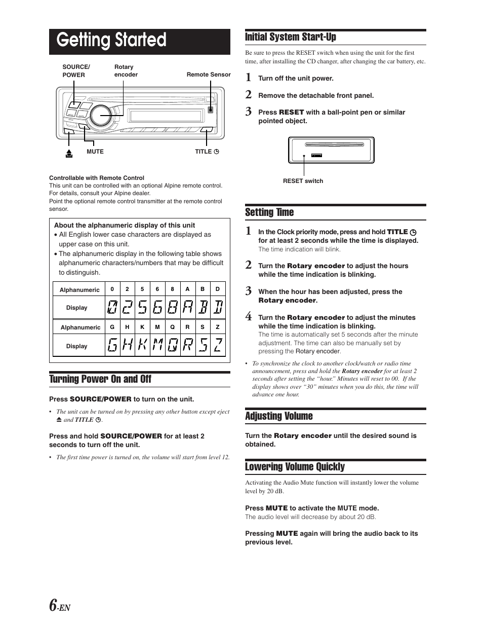 Reset, Clock set, Basic operation | Power on / off, Volume / mute, Getting started, Turning power on and off, Initial system start-up, Setting time, Adjusting volume | Alpine CDA-9847 User Manual | Page 7 / 34