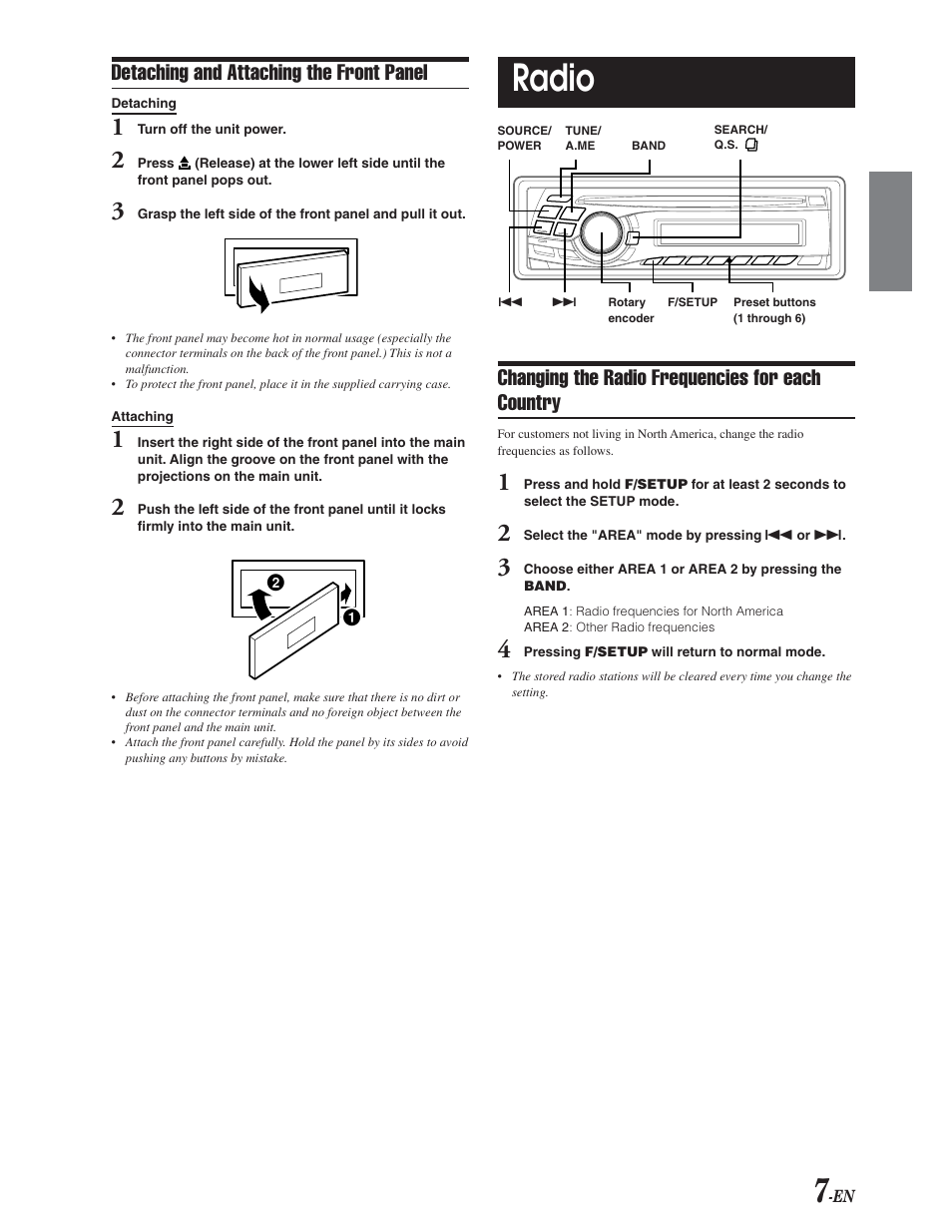 Attaching / removing faceplate, Radio operation, Changing tuning step | Radio, Detaching and attaching the front panel, Changing the radio frequencies for each country | Alpine CDA-9847 User Manual | Page 8 / 34