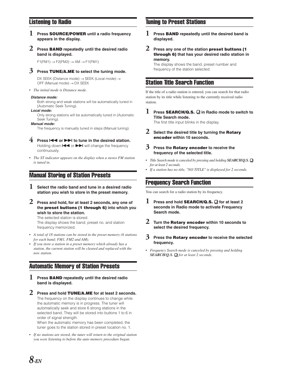 Selecting the source, Selecting band / tune mode, Storing presets | Recalling presets, Title search, Listening to radio, Manual storing of station presets, Tuning to preset stations, Station title search function, Frequency search function | Alpine CDA-9847 User Manual | Page 9 / 34