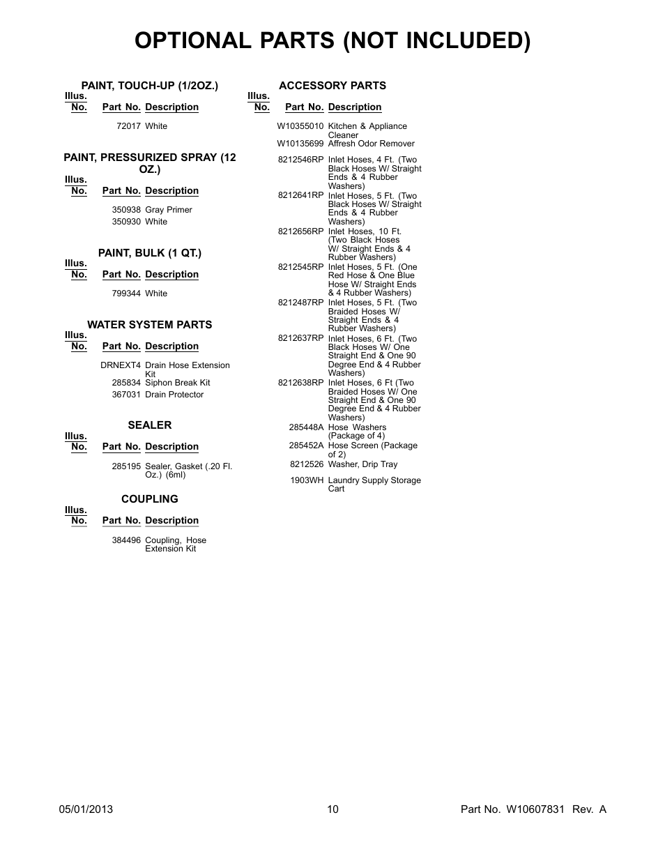 Optional, Optional parts (not included) | Whirlpool WTW8000BW User Manual | Page 10 / 10