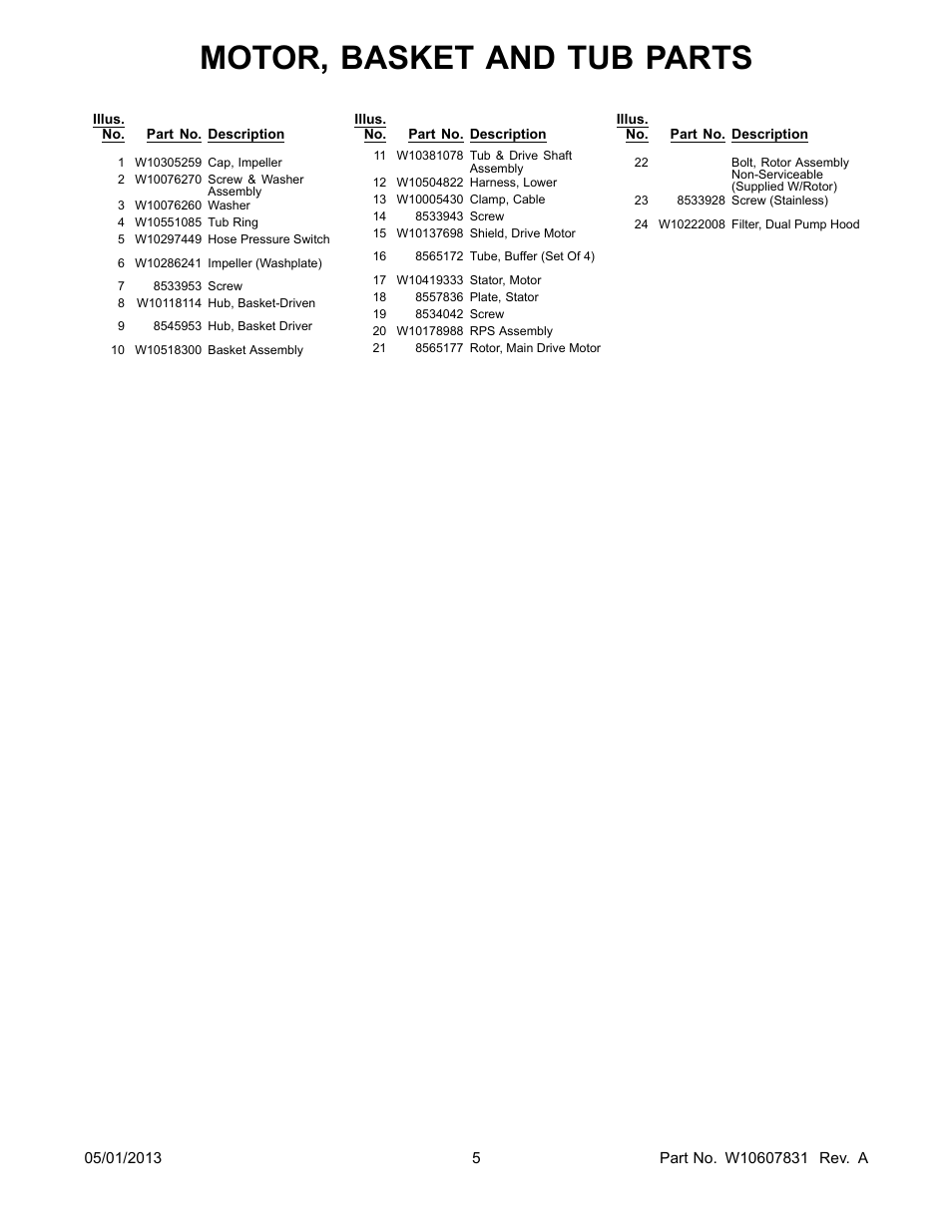 Motor, basket and tub parts | Whirlpool WTW8000BW User Manual | Page 5 / 10