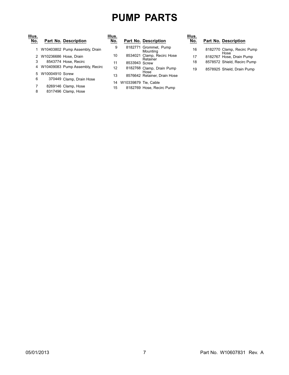 Pump parts | Whirlpool WTW8000BW User Manual | Page 7 / 10