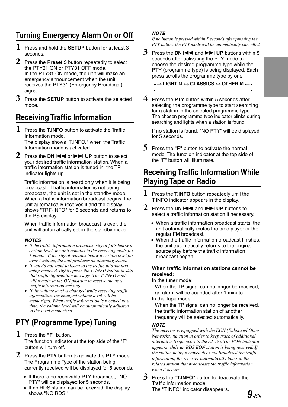 Turning emergency alarm on or off, Receiving traffic information, Pty (programme type) tuning | Alpine TDM-7586RB User Manual | Page 11 / 25