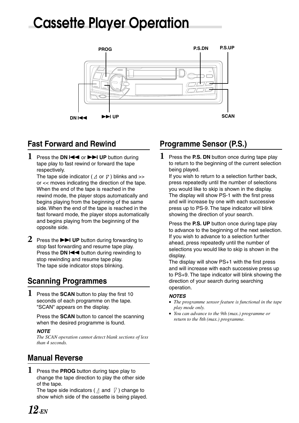 Cassette player operation, Fast forward and rewind, Scanning programmes | Manual reverse, Programme sensor (p.s.) | Alpine TDM-7586RB User Manual | Page 14 / 25