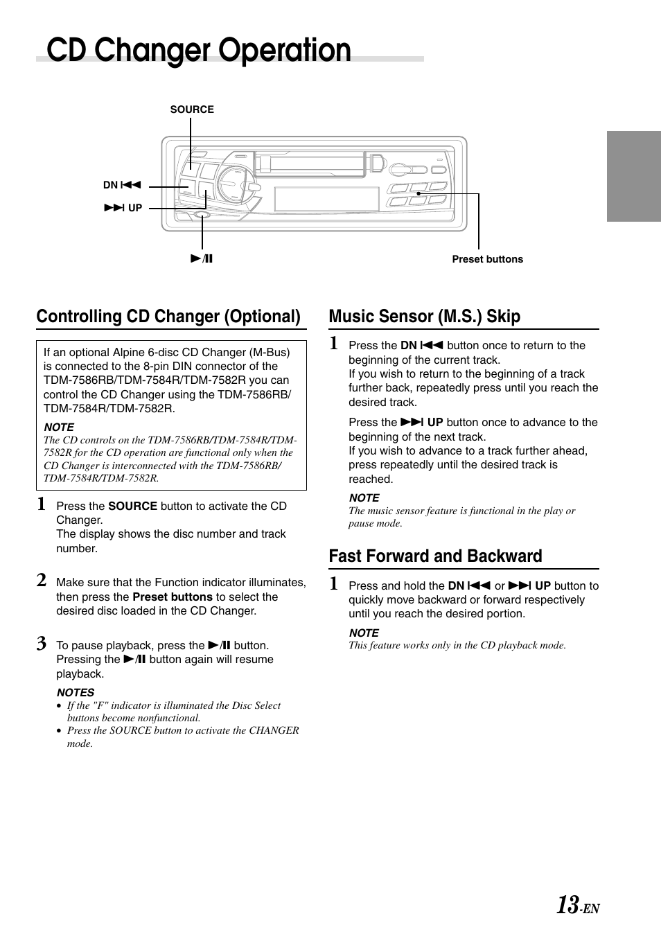 Cd changer operation, Controlling cd changer (optional), Music sensor (m.s.) skip | Fast forward and backward | Alpine TDM-7586RB User Manual | Page 15 / 25