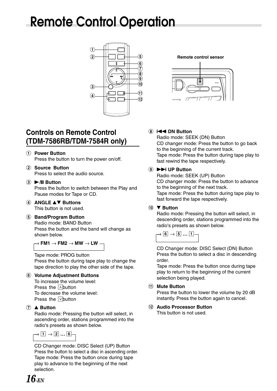 Remote control operation | Alpine TDM-7586RB User Manual | Page 18 / 25