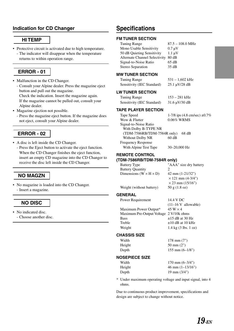 Specifications, Indication for cd changer, Hi temp error - 01 error - 02 no magzn no disc | Alpine TDM-7586RB User Manual | Page 21 / 25