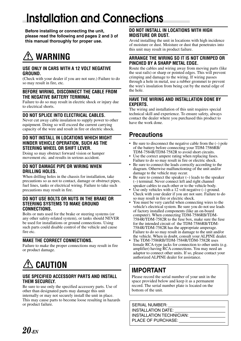 Installation and connections, Warning, Caution | Important, Precautions | Alpine TDM-7586RB User Manual | Page 22 / 25