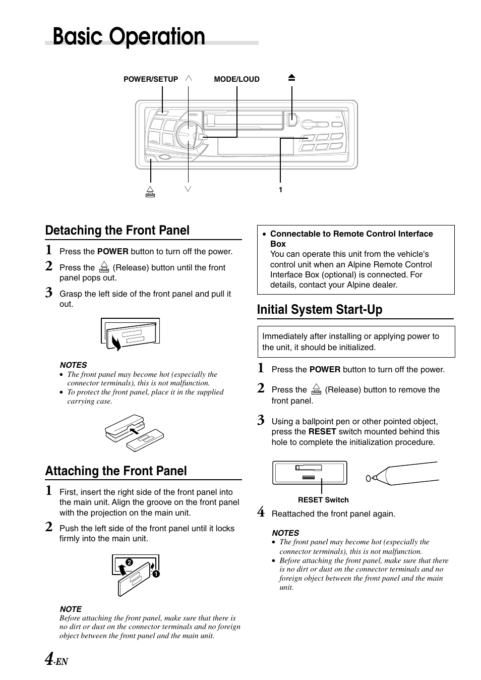 Basic operation, Detaching the front panel, Attaching the front panel | Initial system start-up | Alpine TDM-7586RB User Manual | Page 6 / 25