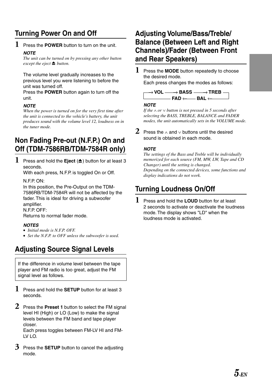 Turning power on and off, Adjusting source signal levels, Turning loudness on/off | Alpine TDM-7586RB User Manual | Page 7 / 25