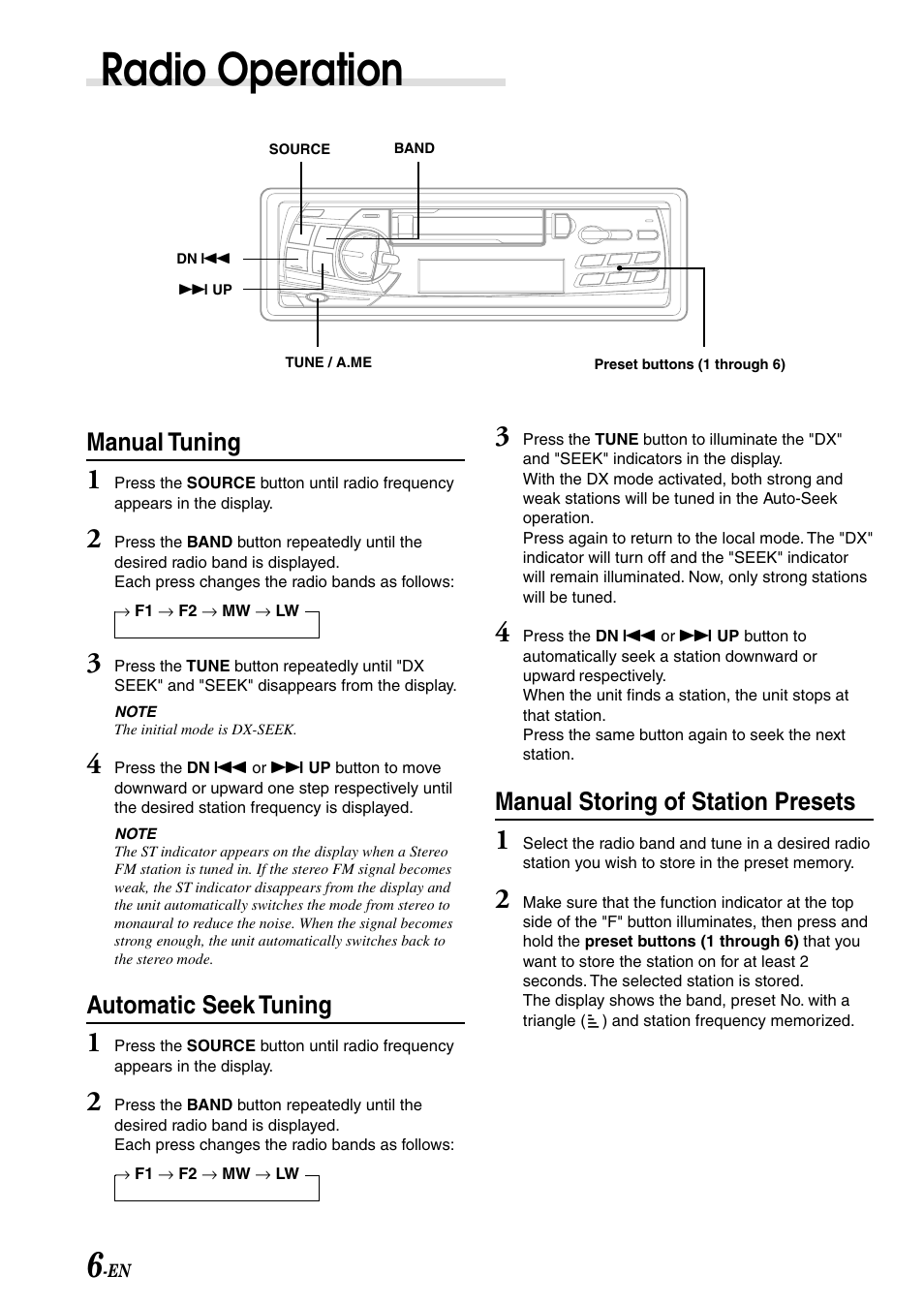 Radio operation, Manual storing of station presets, Manual tuning | Automatic seek tuning | Alpine TDM-7586RB User Manual | Page 8 / 25