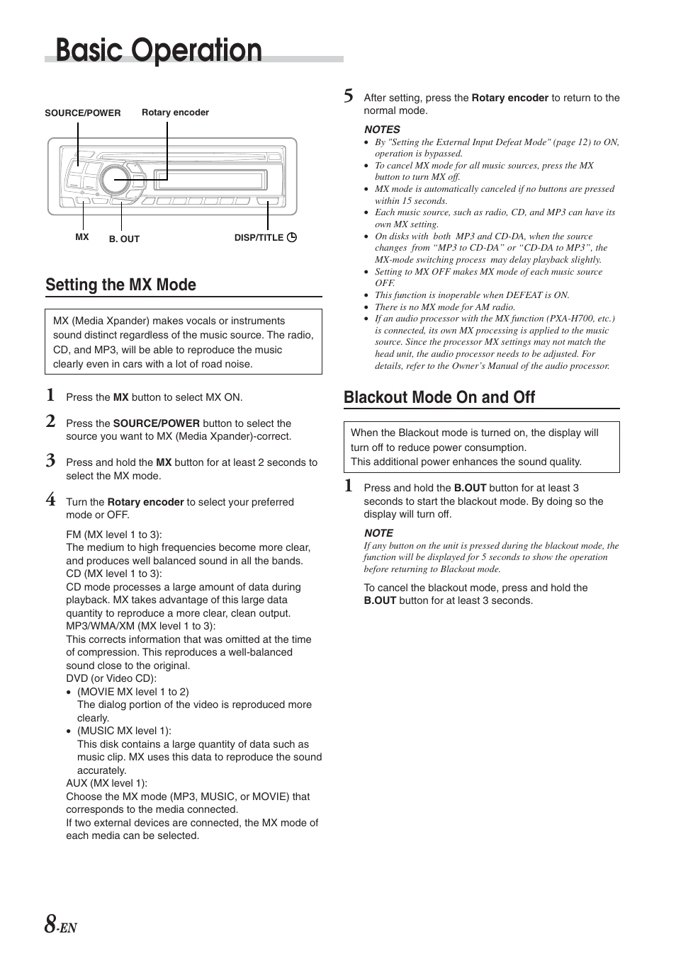 Basic operation, Setting the mx mode, Blackout mode on and off | Alpine cda-9825 User Manual | Page 10 / 40