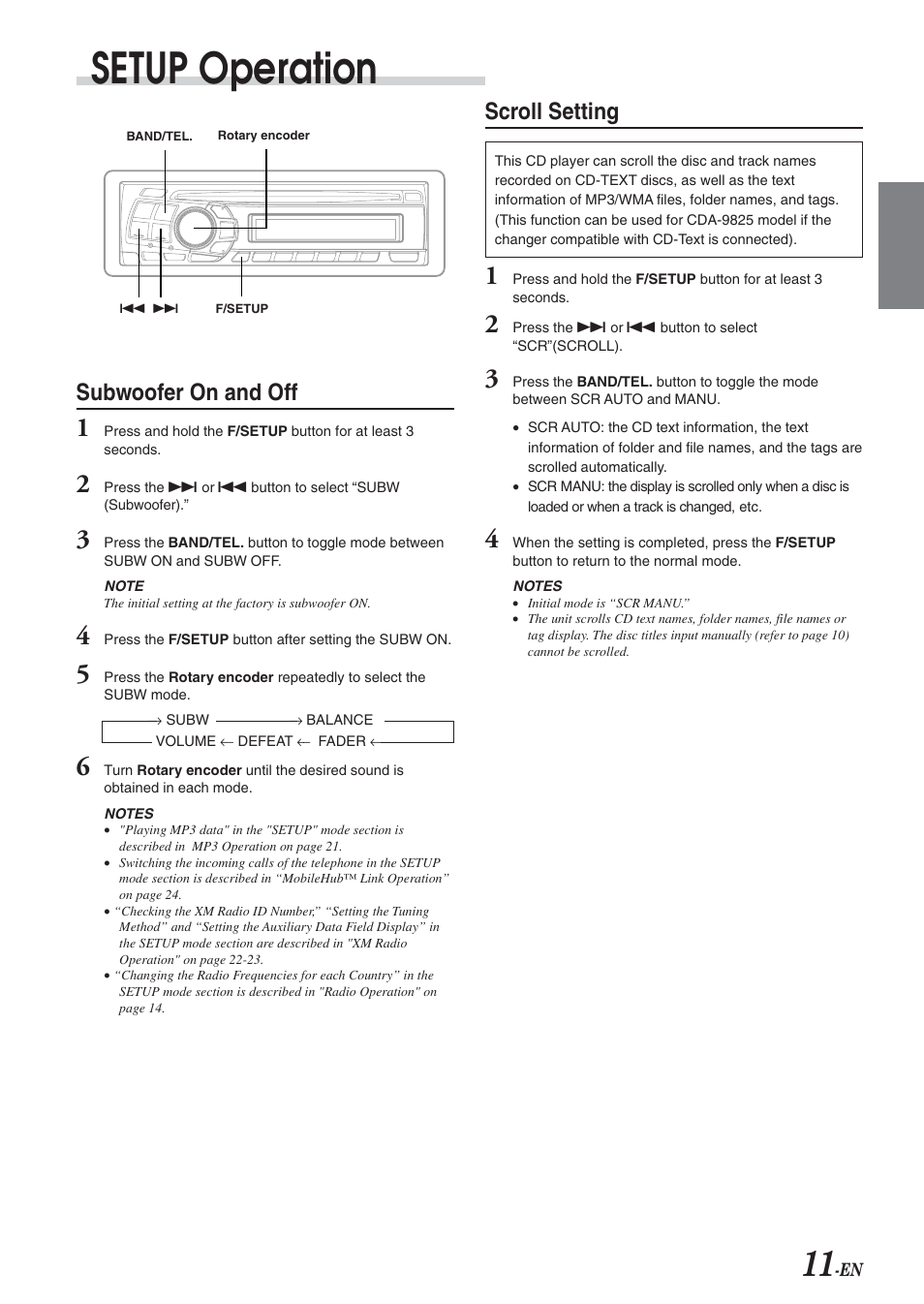 Setup operation, Subwoofer on and off, Scroll setting | Alpine cda-9825 User Manual | Page 13 / 40