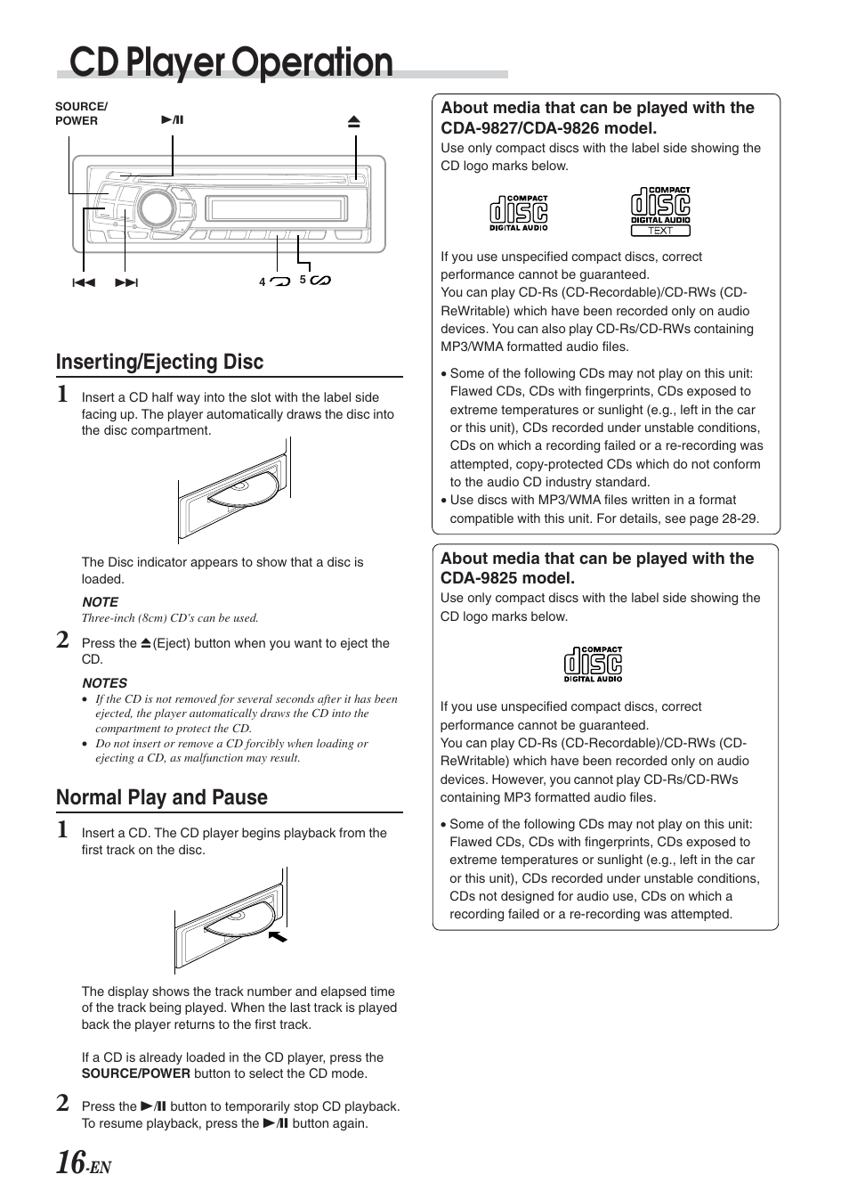 Cd player operation, Inserting/ejecting disc, Normal play and pause | Alpine cda-9825 User Manual | Page 18 / 40