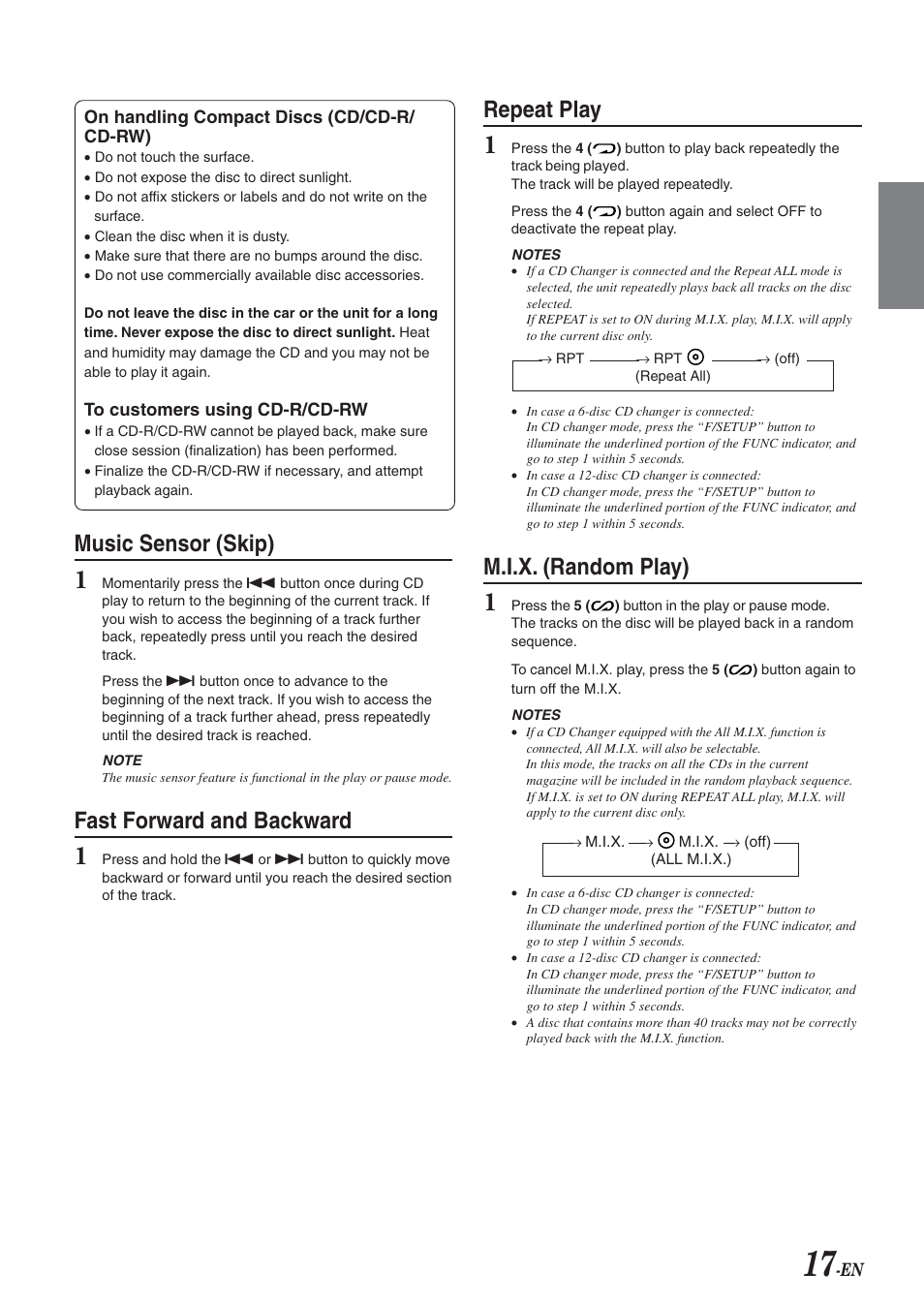 Music sensor (skip), Fast forward and backward, Repeat play | M.i.x. (random play) | Alpine cda-9825 User Manual | Page 19 / 40