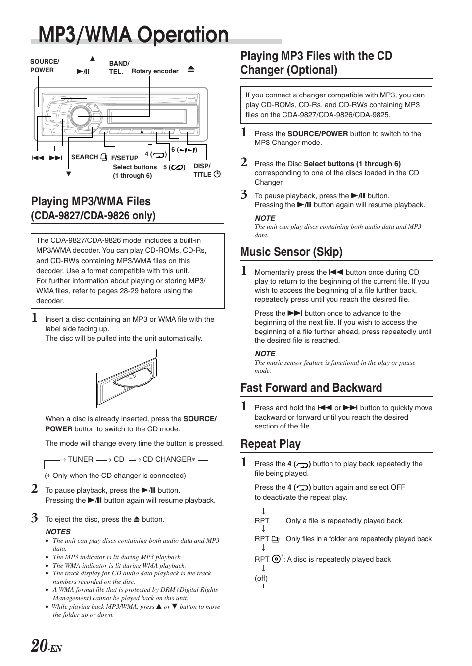 Mp3/wma operation, Playing mp3/wma files, Playing mp3 files with the cd changer (optional) | Music sensor (skip), Fast forward and backward, Repeat play | Alpine cda-9825 User Manual | Page 22 / 40