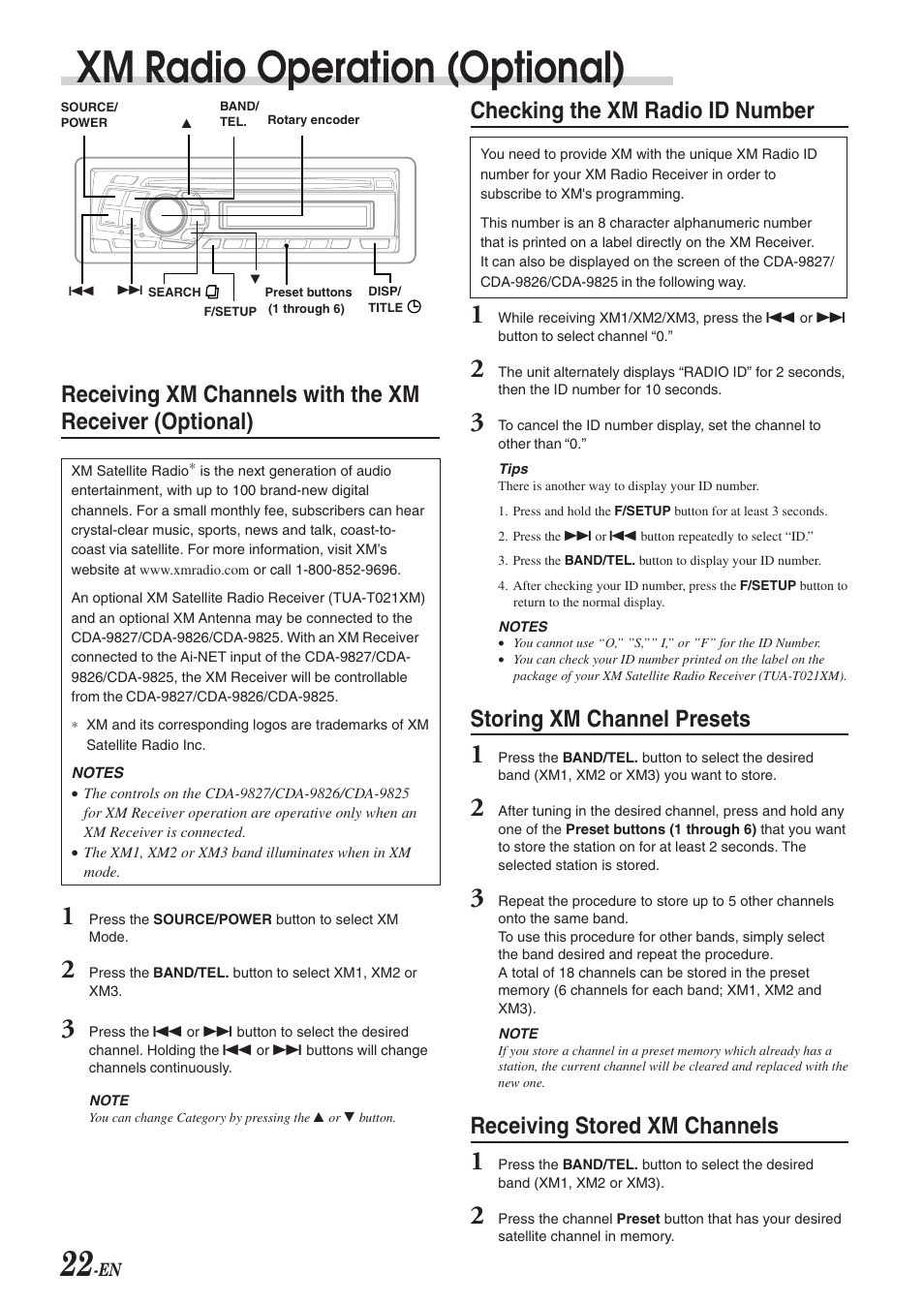 Xm radio operation (optional), Checking the xm radio id number, Storing xm channel presets | Receiving stored xm channels | Alpine cda-9825 User Manual | Page 24 / 40