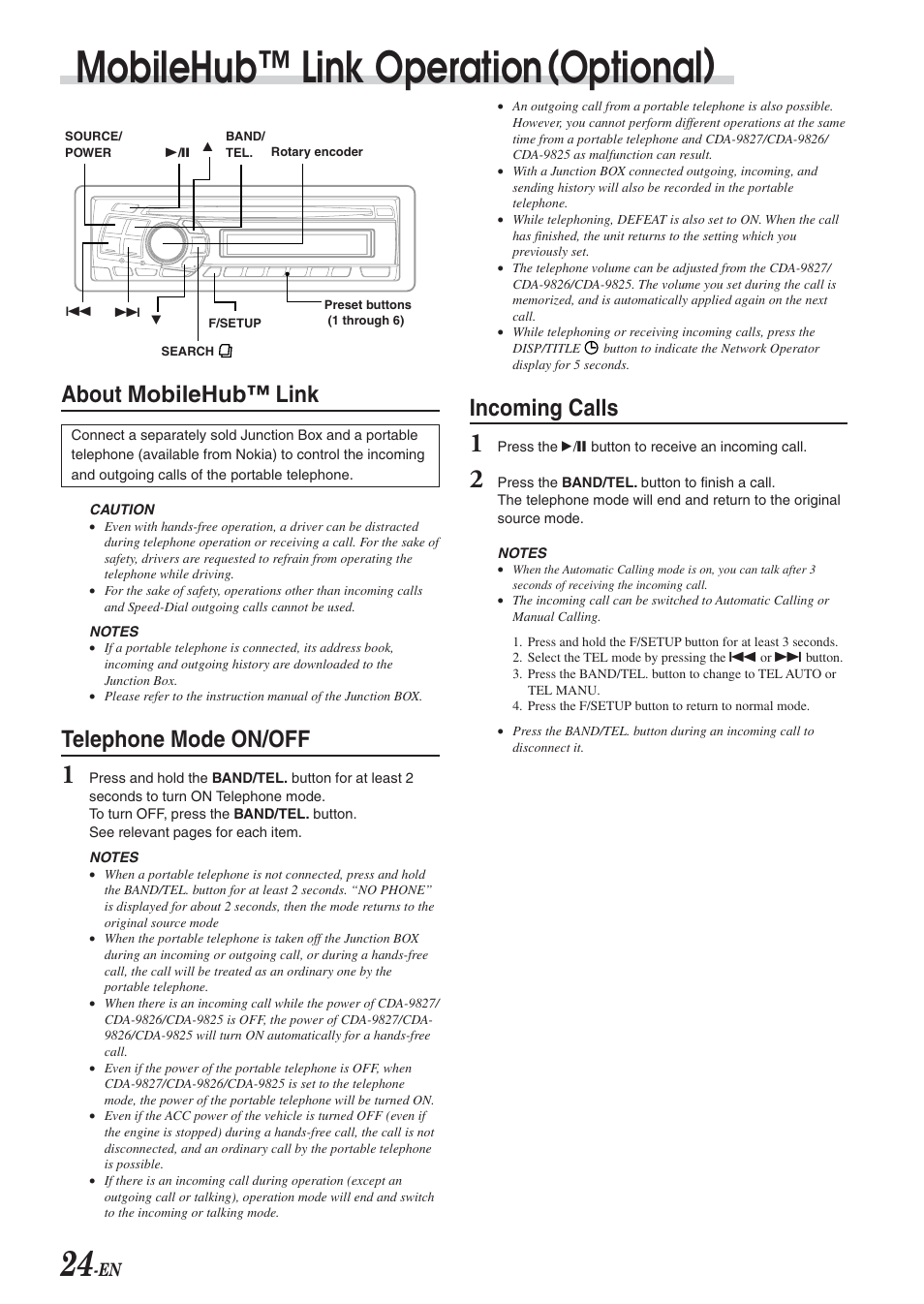 Mobilehub™ link operation(optional), About mobilehub™ link, Telephone mode on/off | Incoming calls | Alpine cda-9825 User Manual | Page 26 / 40