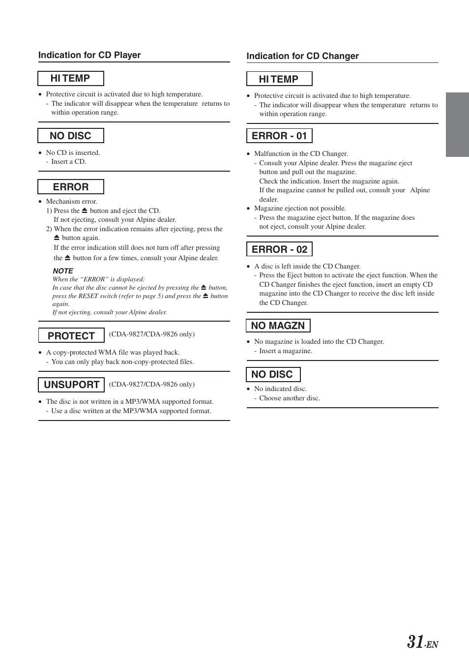 Hi temp error - 01 no magzn error - 02 no disc, Hi temp error no disc protect unsuport | Alpine cda-9825 User Manual | Page 33 / 40