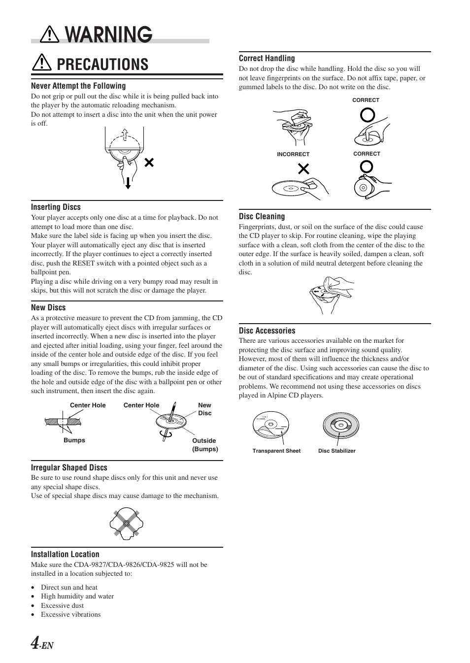 Warning, Precautions | Alpine cda-9825 User Manual | Page 6 / 40