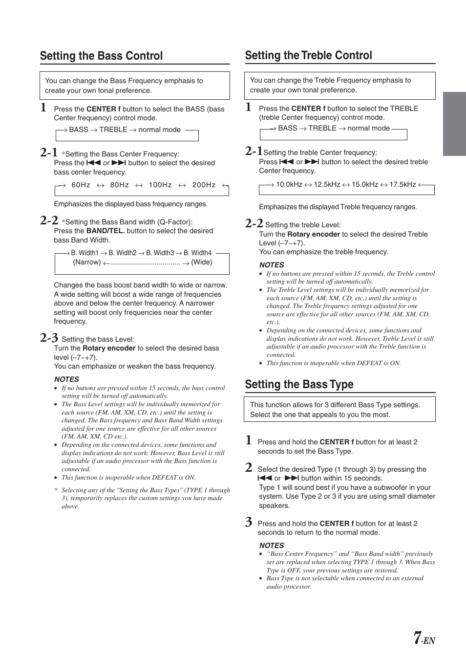 Setting the bass control, Setting the treble control, Setting the bass type | Alpine cda-9825 User Manual | Page 9 / 40