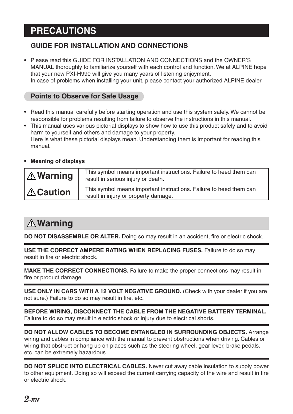 Warning caution warning precautions | Alpine Multimedia ManagerTM PXI-H990 User Manual | Page 3 / 16