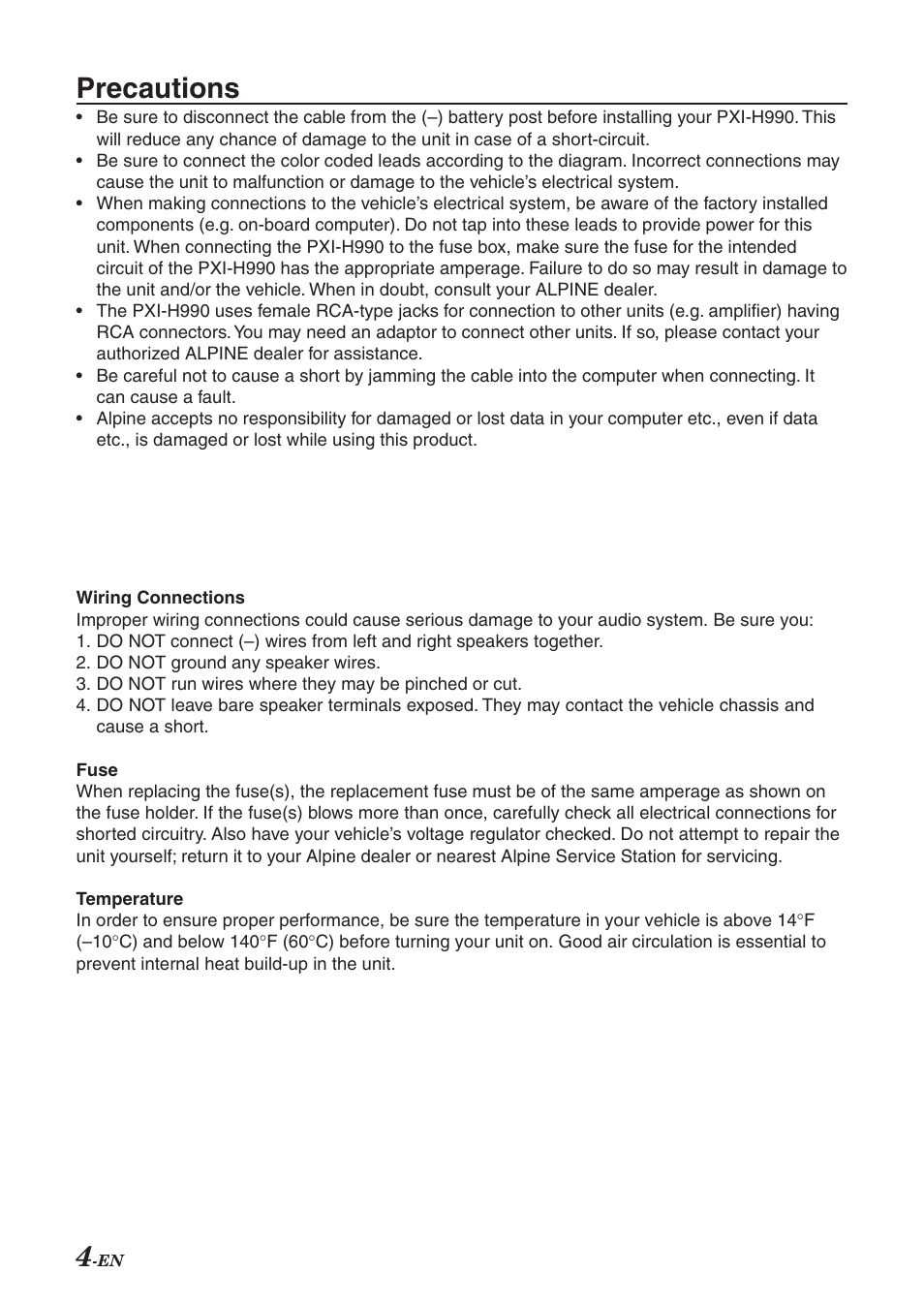 Precautions | Alpine Multimedia ManagerTM PXI-H990 User Manual | Page 5 / 16