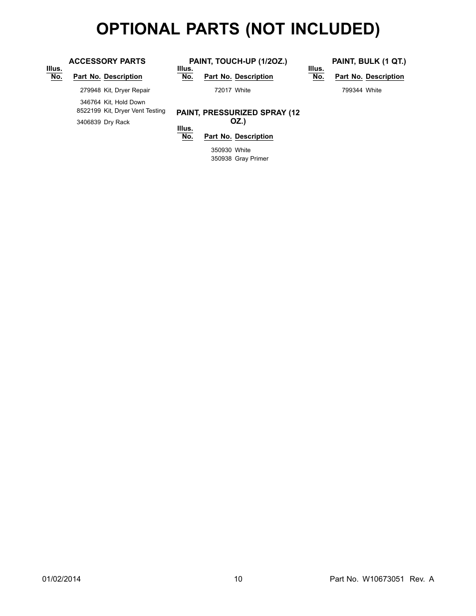 Optional, Optional parts (not included) | Whirlpool WGD4800BQ User Manual | Page 10 / 10