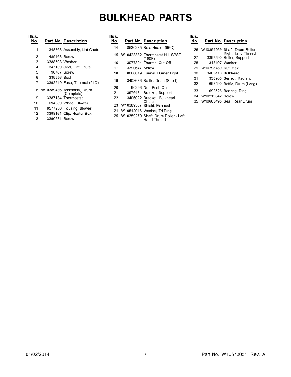 Bulkhead parts | Whirlpool WGD4800BQ User Manual | Page 7 / 10