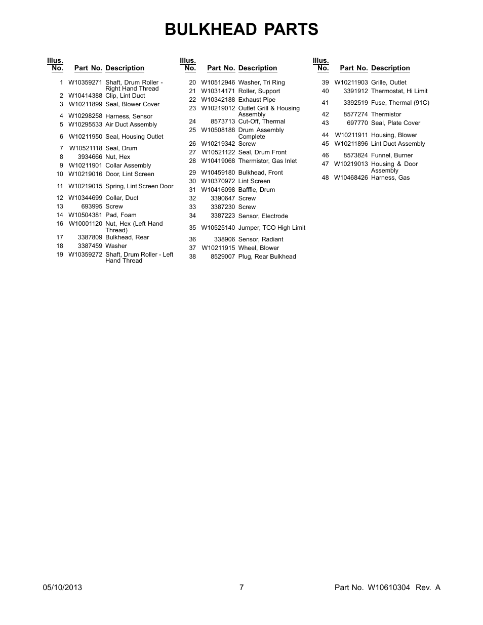 Bulkhead parts | Whirlpool WGD70HEBW User Manual | Page 7 / 12