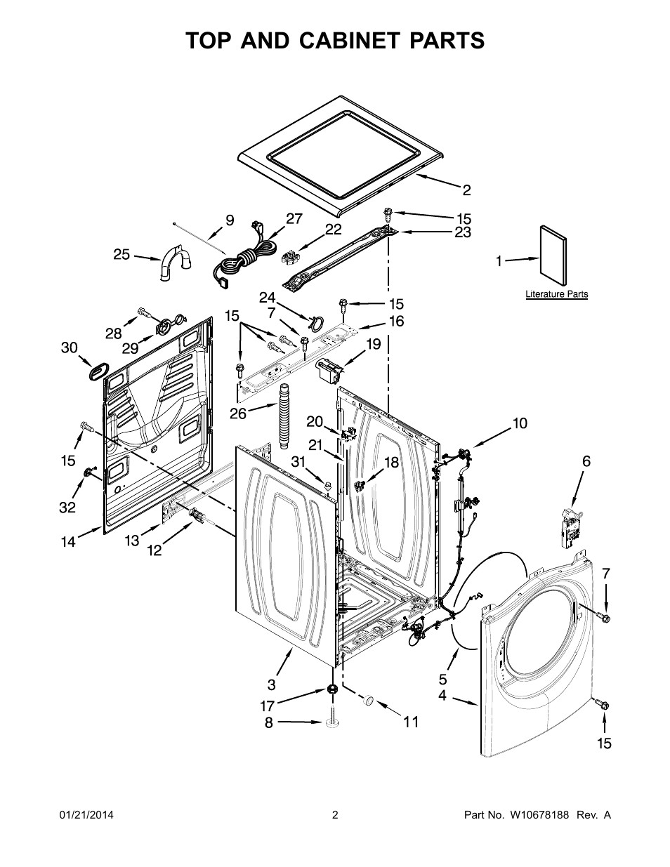 Top and cabinet, Top and cabinet parts | Whirlpool WFW80HEBW User Manual | Page 2 / 12