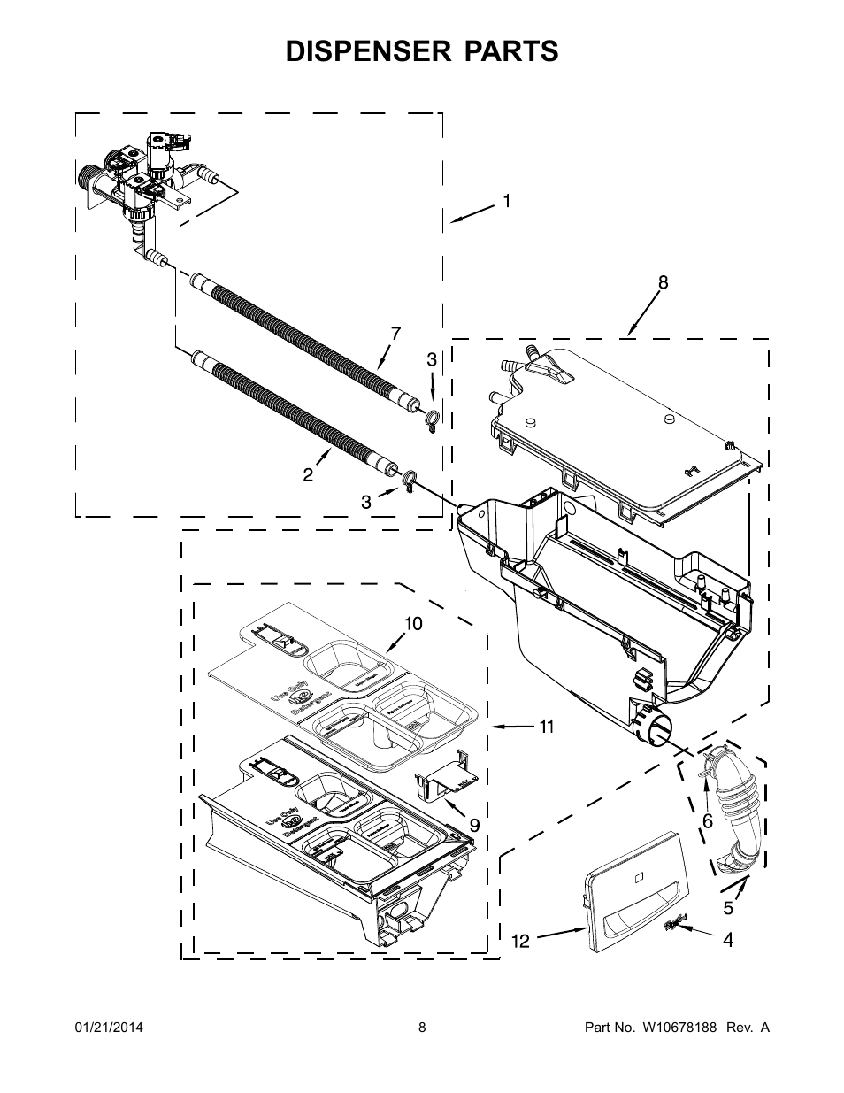 Dispenser, Dispenser parts | Whirlpool WFW80HEBW User Manual | Page 8 / 12