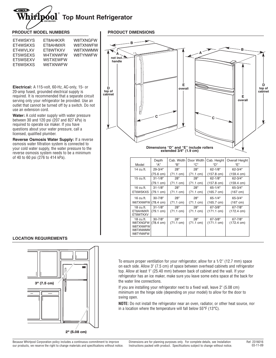 Whirlpool W5TXEWFWQ User Manual | 1 page