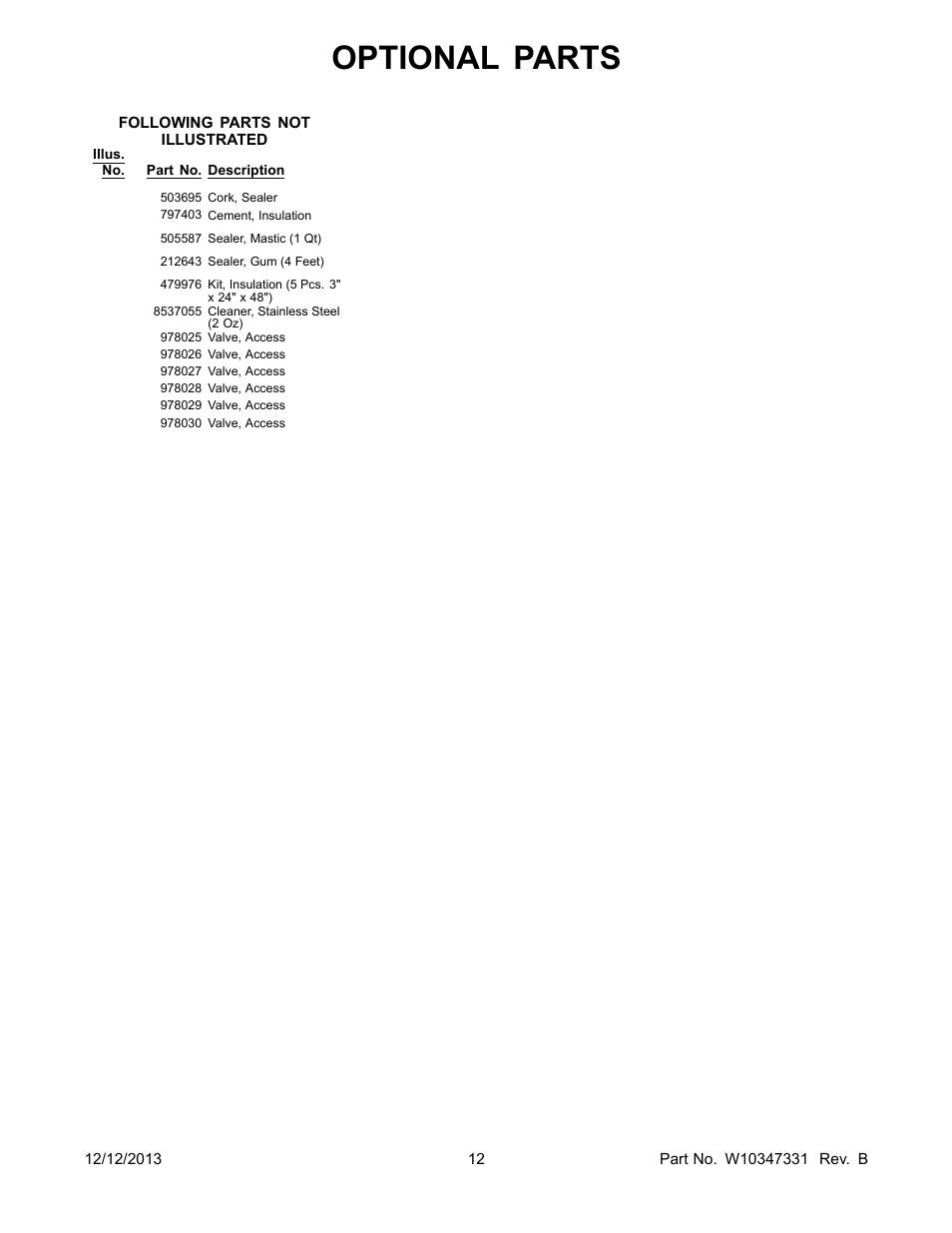 Optional, Optional parts | Whirlpool GI15NFLXS User Manual | Page 12 / 12