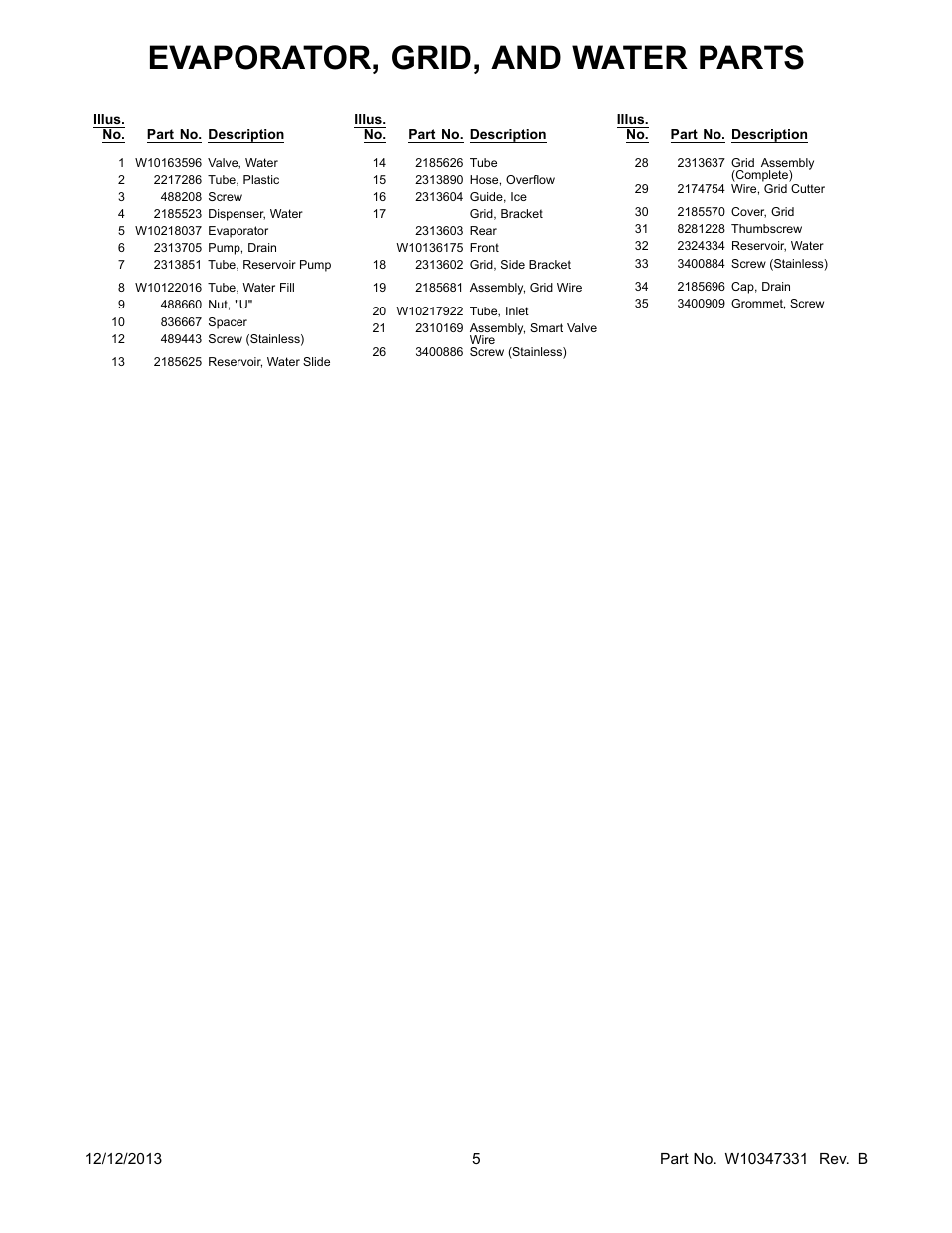 Evaporator, grid, and water parts | Whirlpool GI15NFLXS User Manual | Page 5 / 12