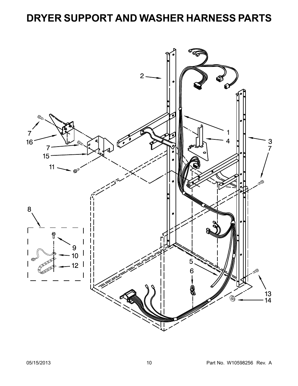 Dryer support and washer harness, Dryer support and washer harness parts | Whirlpool WGT3300XQ User Manual | Page 10 / 30