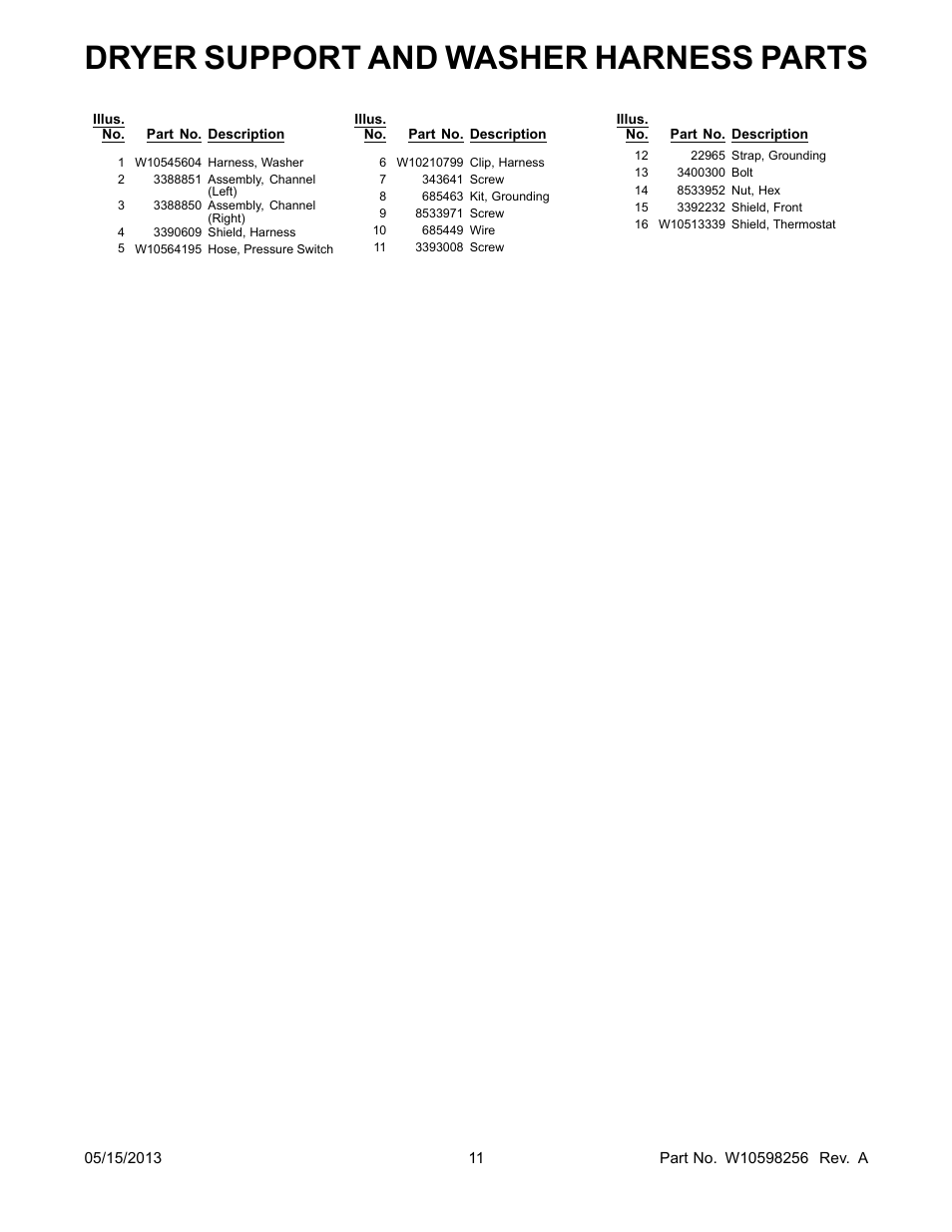 Dryer support and washer harness parts | Whirlpool WGT3300XQ User Manual | Page 11 / 30