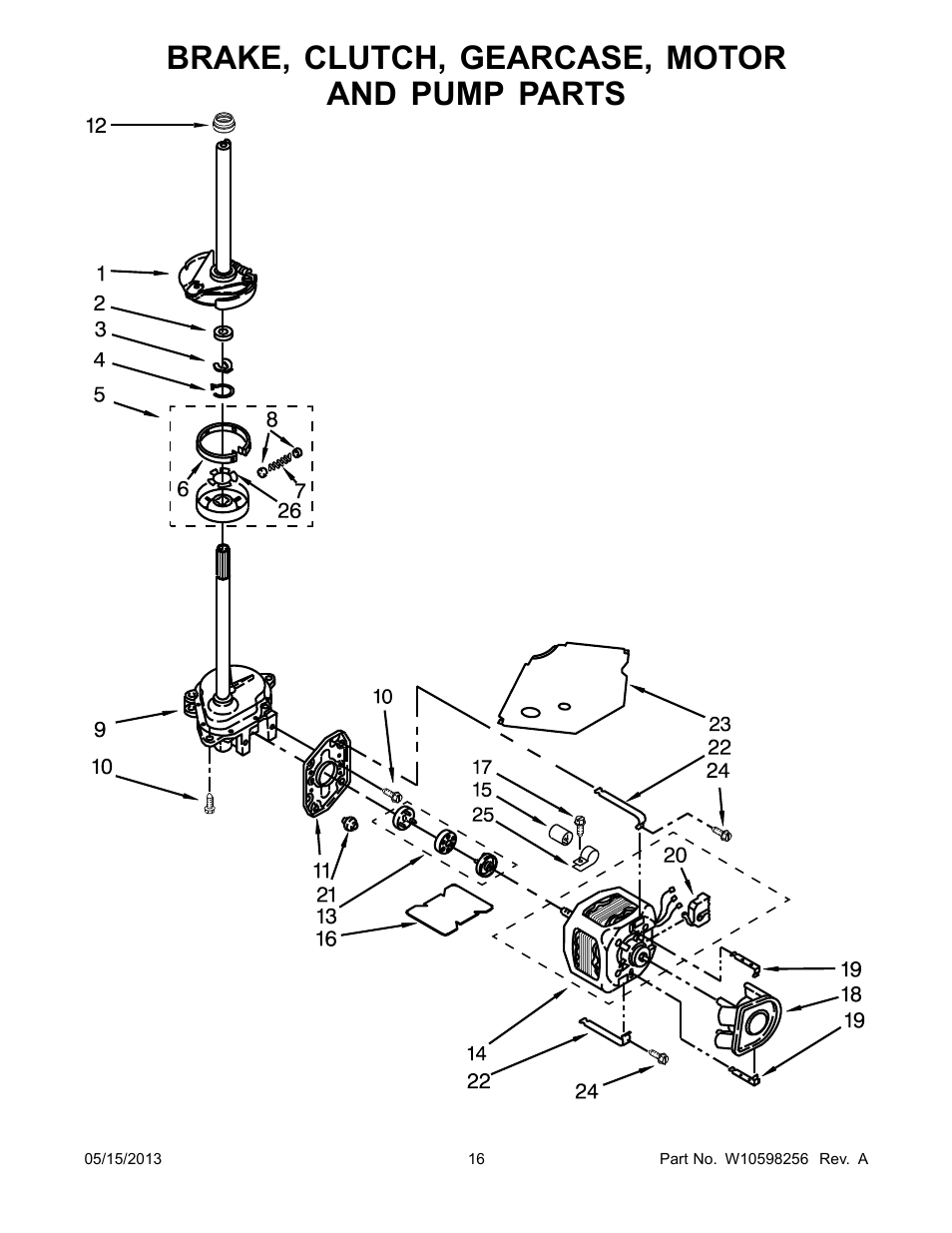 Brake, clutch, gearcase, motorand pump, Brake, clutch, gearcase, motor and pump parts | Whirlpool WGT3300XQ User Manual | Page 16 / 30