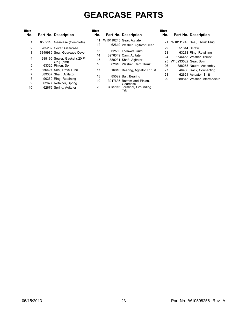 Gearcase parts | Whirlpool WGT3300XQ User Manual | Page 23 / 30