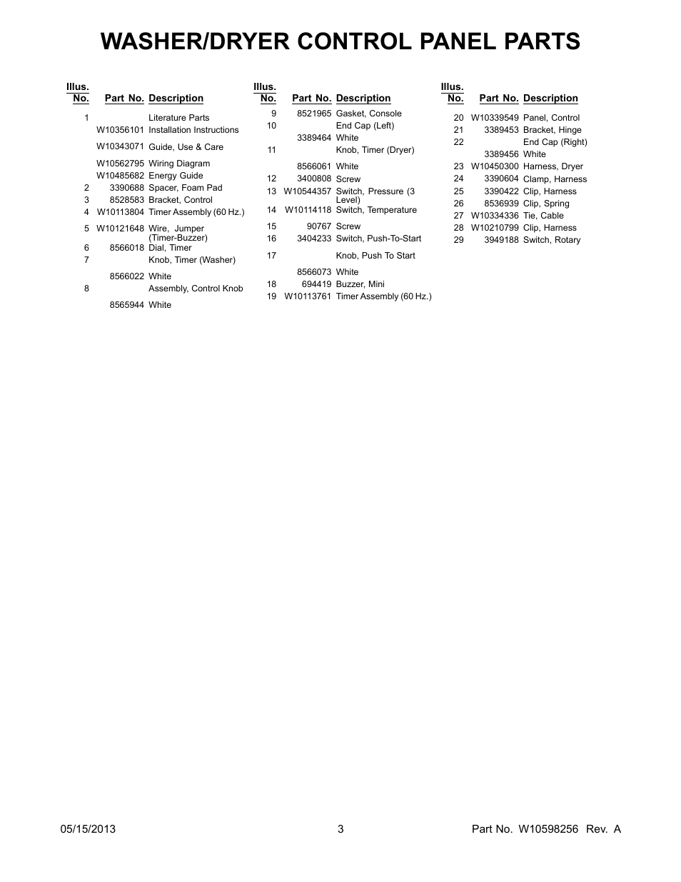 Literature, Washer/dryer control panel parts | Whirlpool WGT3300XQ User Manual | Page 3 / 30